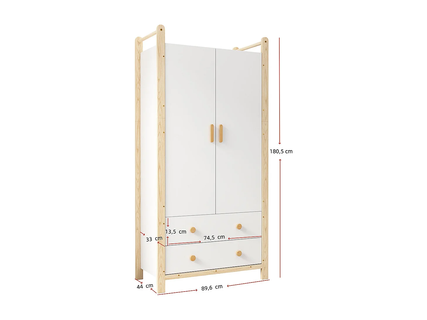Armoire 2 portes tringle vêtements 2 tiroirs chambre salon vestiaire aggloméré blanc pin