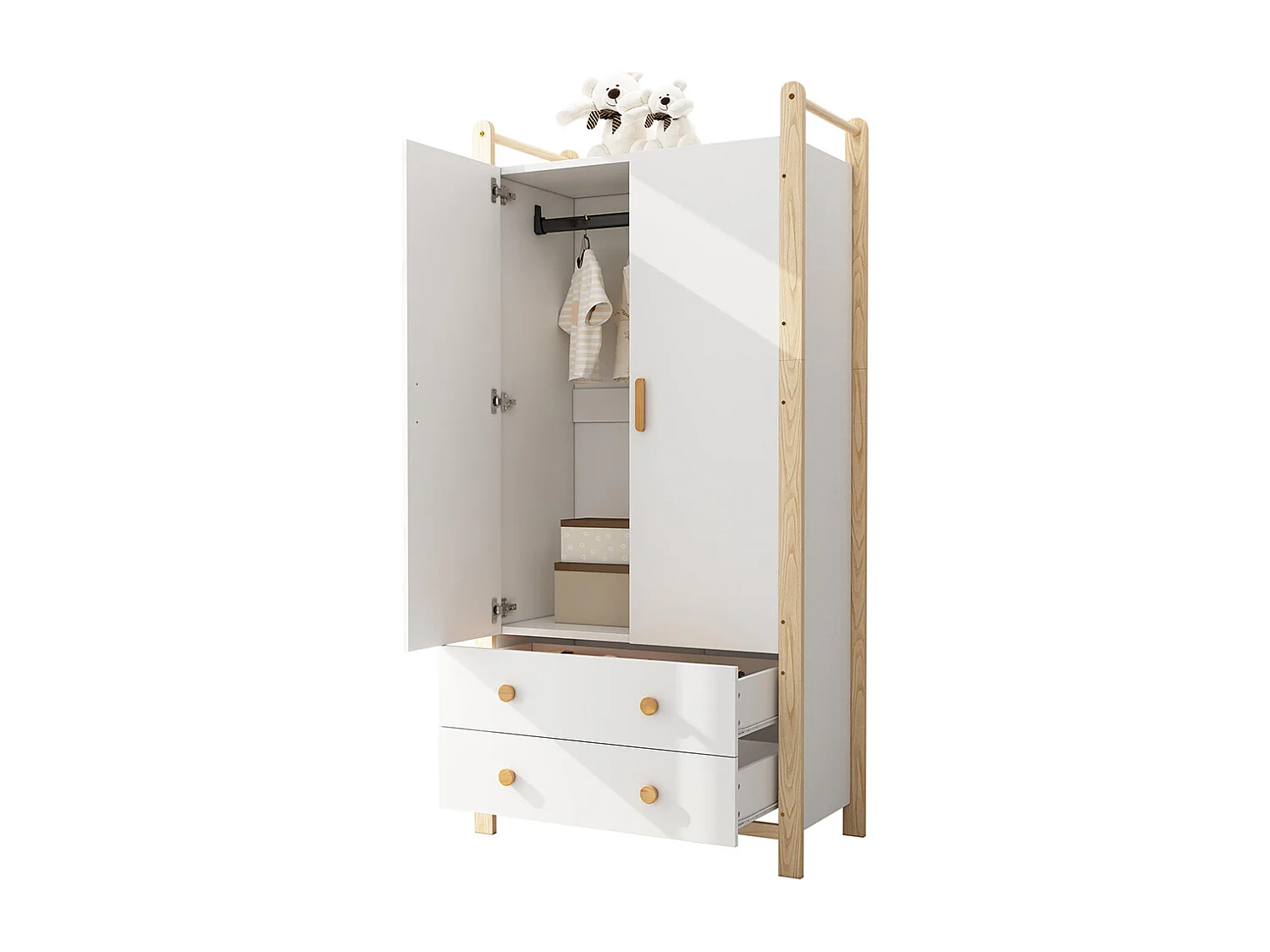 Armoire 2 portes tringle vêtements 2 tiroirs chambre salon vestiaire aggloméré blanc pin