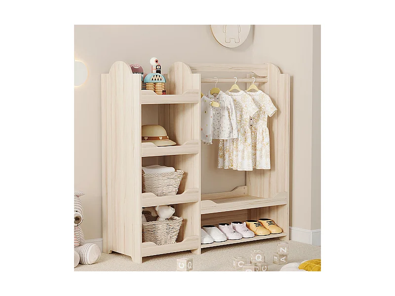 Armoire enfants tringle vêtements 4 étagères penderie pied bois naturel