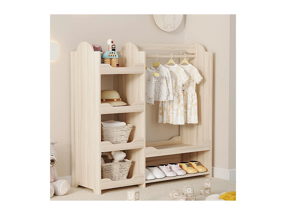 Armoire enfants tringle vêtements 4 étagères penderie pied bois naturel