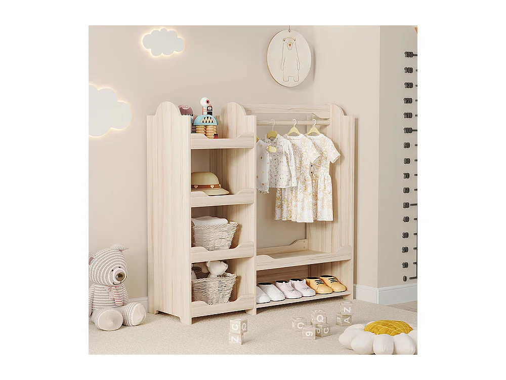 Armoire enfants tringle vêtements 4 étagères penderie pied bois naturel