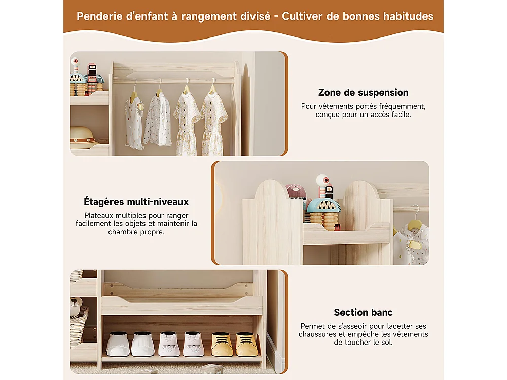 Armoire enfants tringle vêtements 4 étagères penderie pied bois naturel