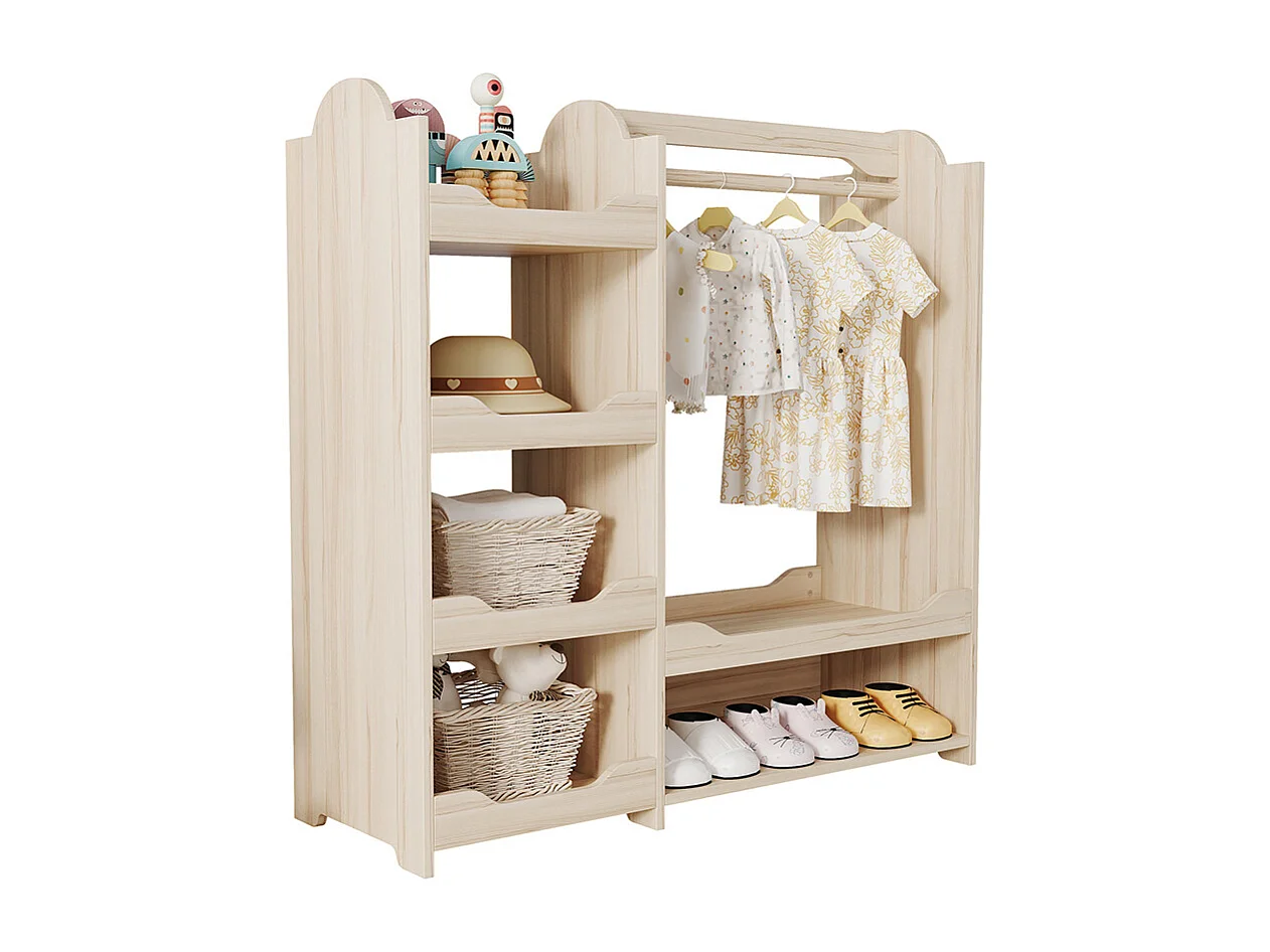 Armoire enfants tringle vêtements 4 étagères penderie pied bois naturel