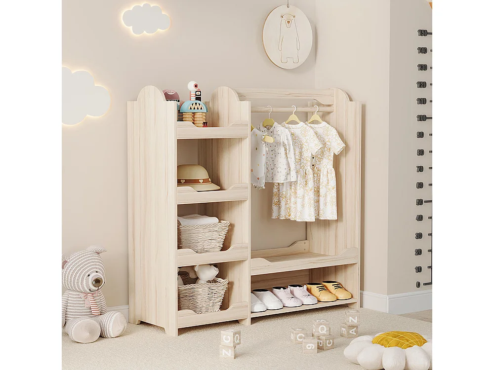 Armoire enfants tringle vêtements 4 étagères penderie pied bois naturel