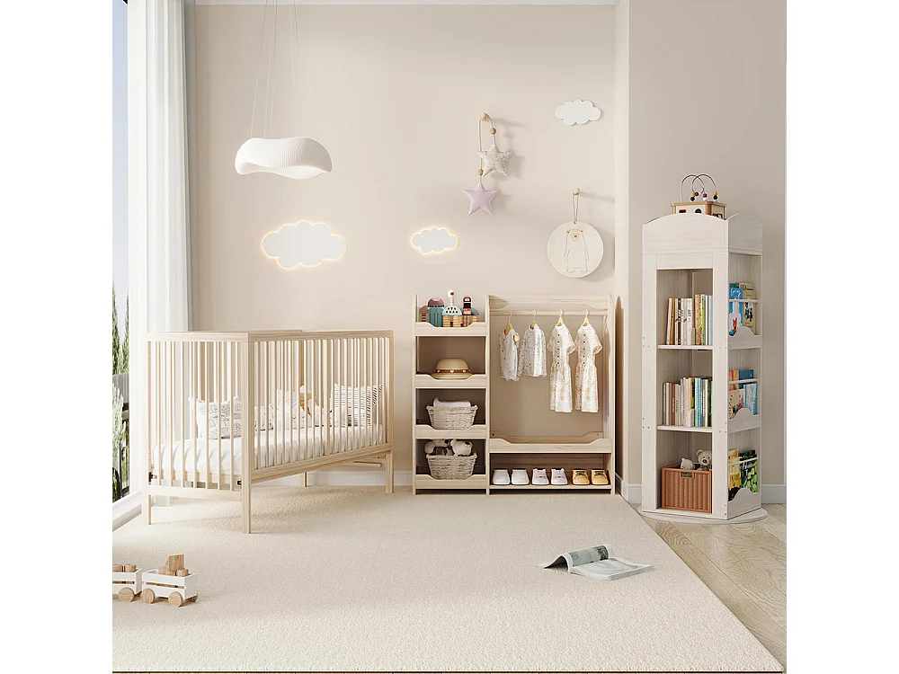 Armoire enfants tringle vêtements 4 étagères penderie pied bois naturel