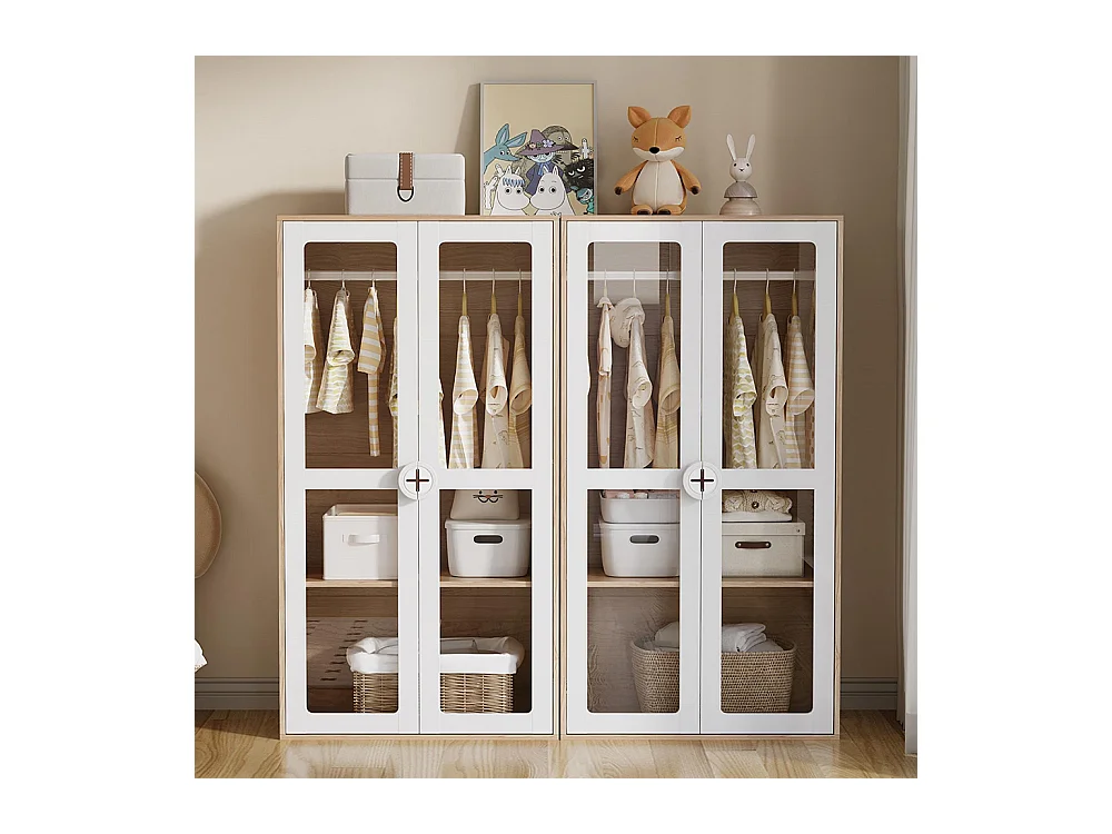 Armoire enfants double porte vitrée tringle combinaison 2 armoires blanc bois naturel panneaux laqués