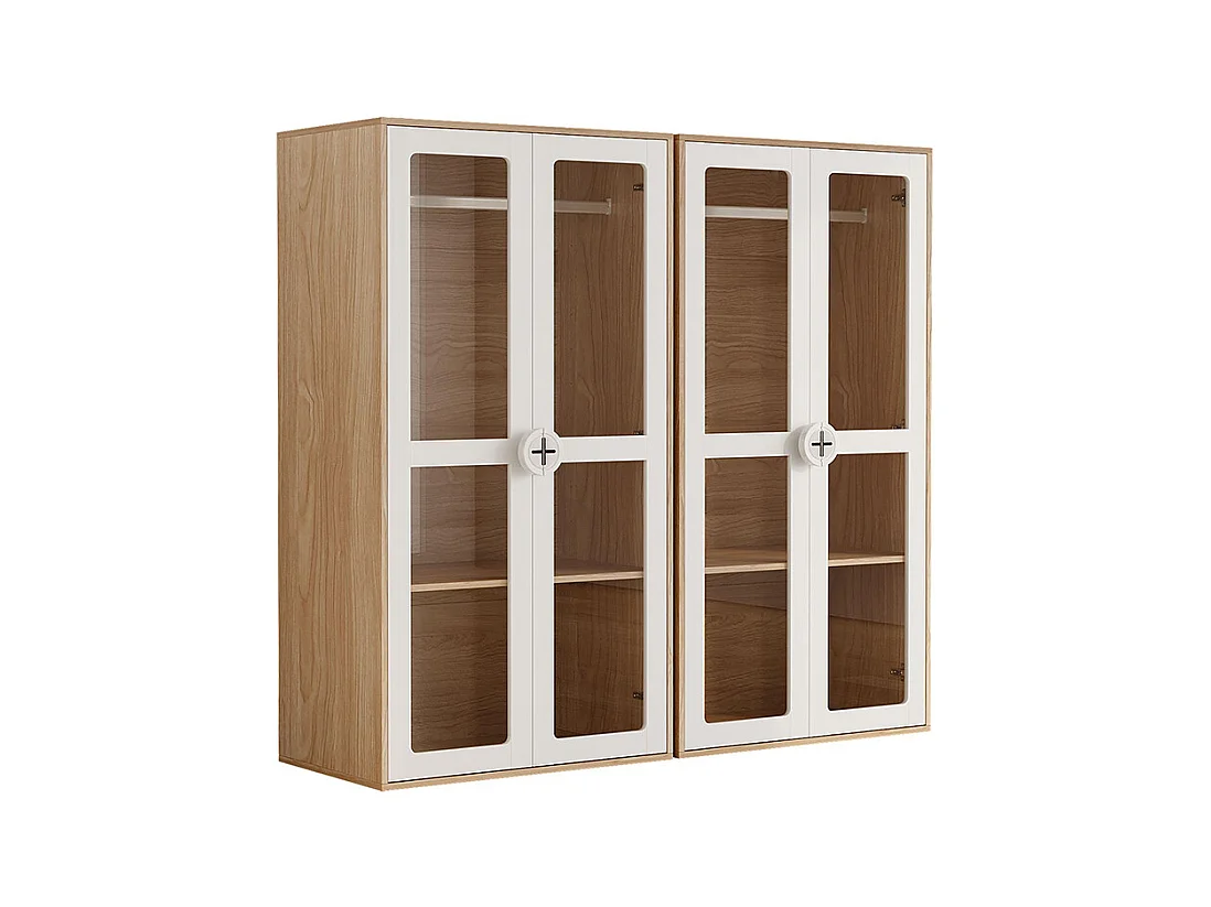 Armoire enfants double porte vitrée tringle combinaison 2 armoires blanc bois naturel panneaux laqués