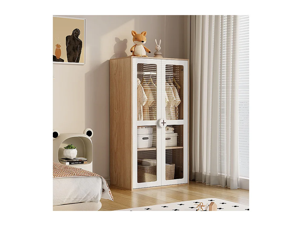 Armoire enfants double porte vitrée tringle combinaison 2 armoires blanc bois naturel panneaux laqués