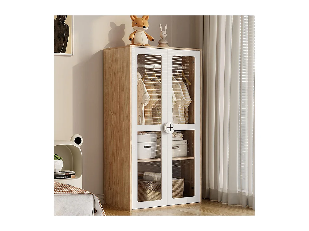 Armoire enfants double porte vitrée tringle combinaison 2 armoires blanc bois naturel panneaux laqués