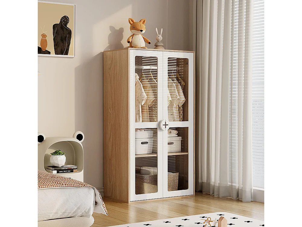 Armoire enfants double porte acrylregale tringle combinaison 2 armoires blanc bois naturel panneaux laqués