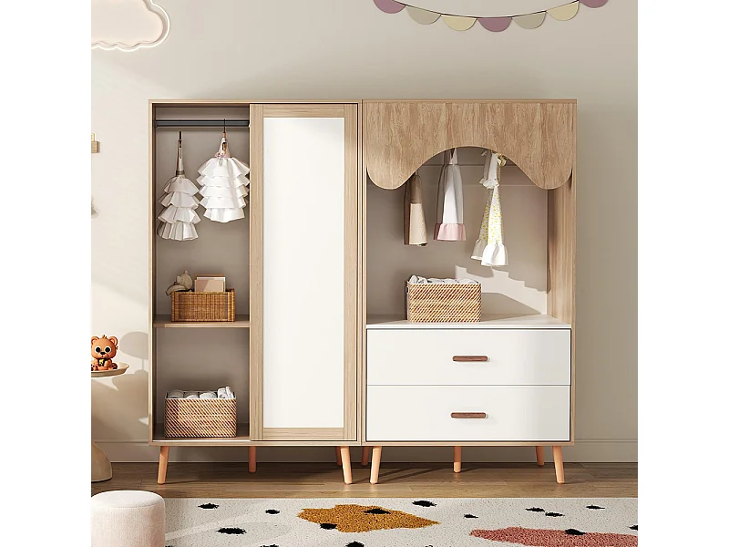 Armoire enfants portes coulissantes armoire ouverte ensemble combiné enfant blanc bois naturel