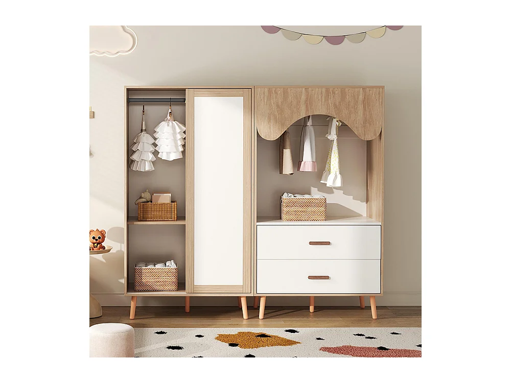 Armoire enfants portes coulissantes armoire ouverte ensemble combiné enfant blanc bois naturel