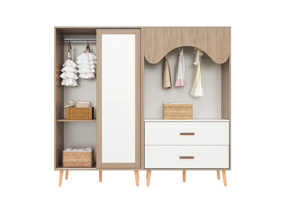 Armoire enfants portes coulissantes armoire ouverte ensemble combiné enfant blanc bois naturel