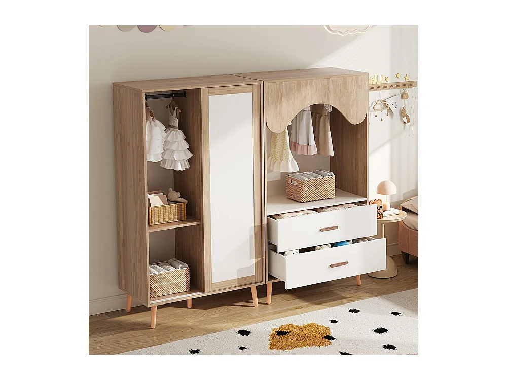 Armoire enfants portes coulissantes armoire ouverte ensemble combiné enfant blanc bois naturel