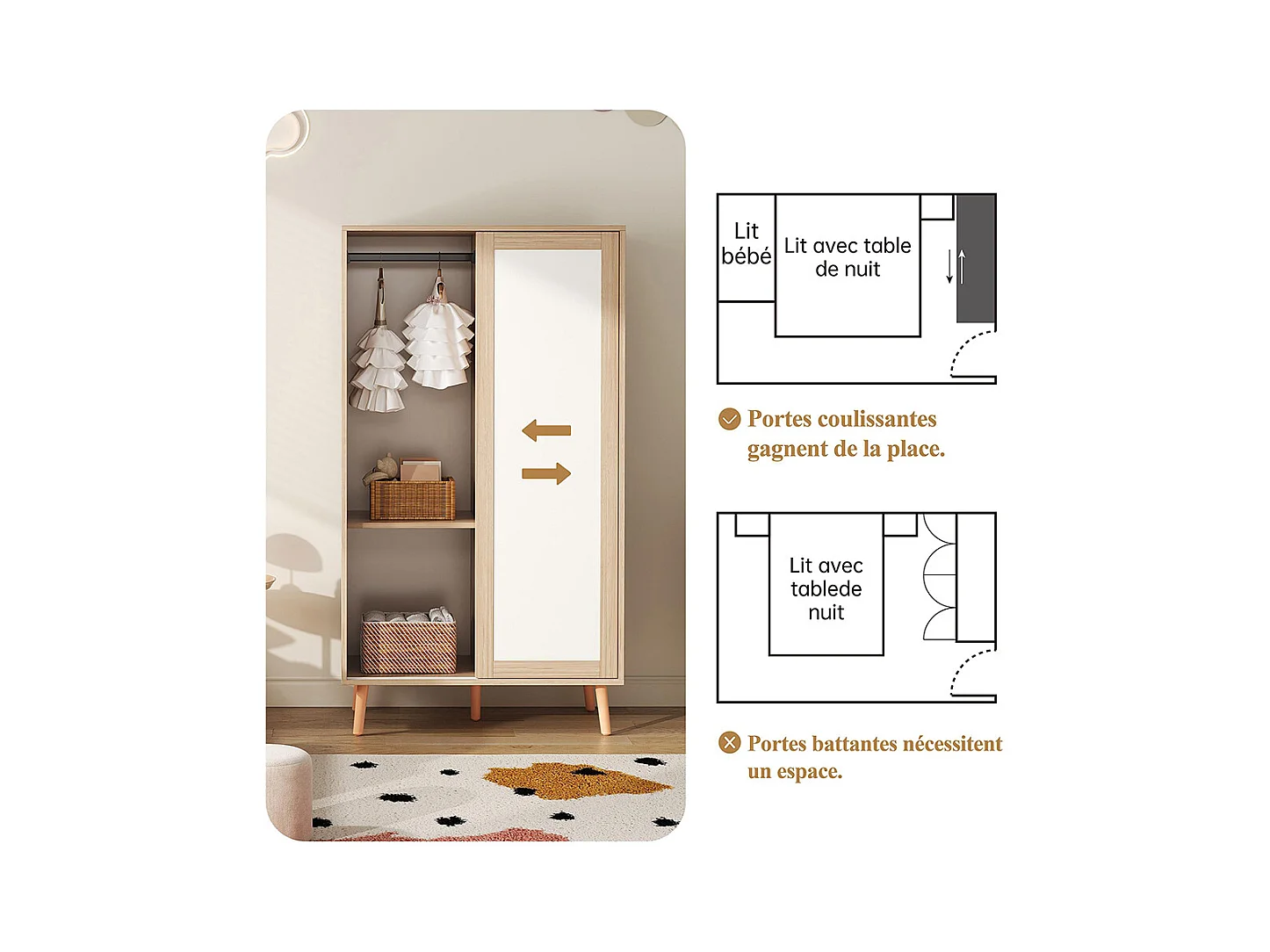 Armoire enfants portes coulissantes armoire ouverte ensemble combiné enfant blanc bois naturel