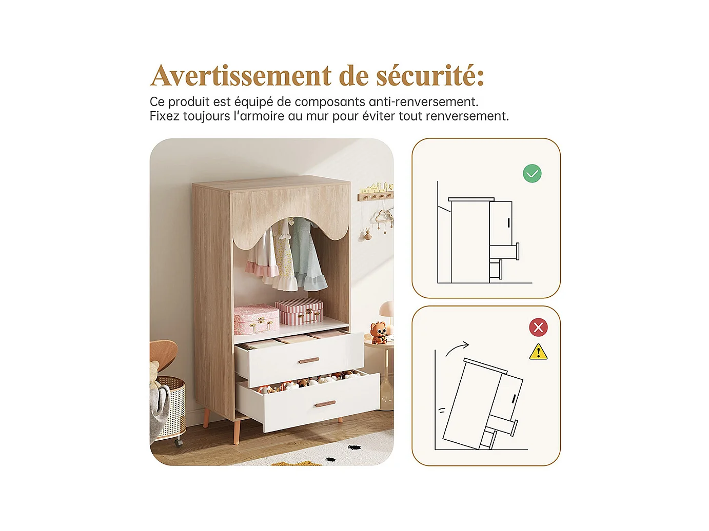Armoire enfants portes coulissantes armoire ouverte ensemble combiné enfant blanc bois naturel