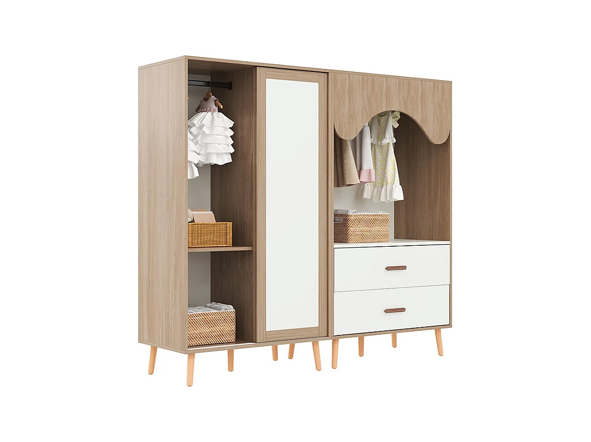 Armoire enfants portes coulissantes armoire ouverte ensemble combiné enfant blanc bois naturel