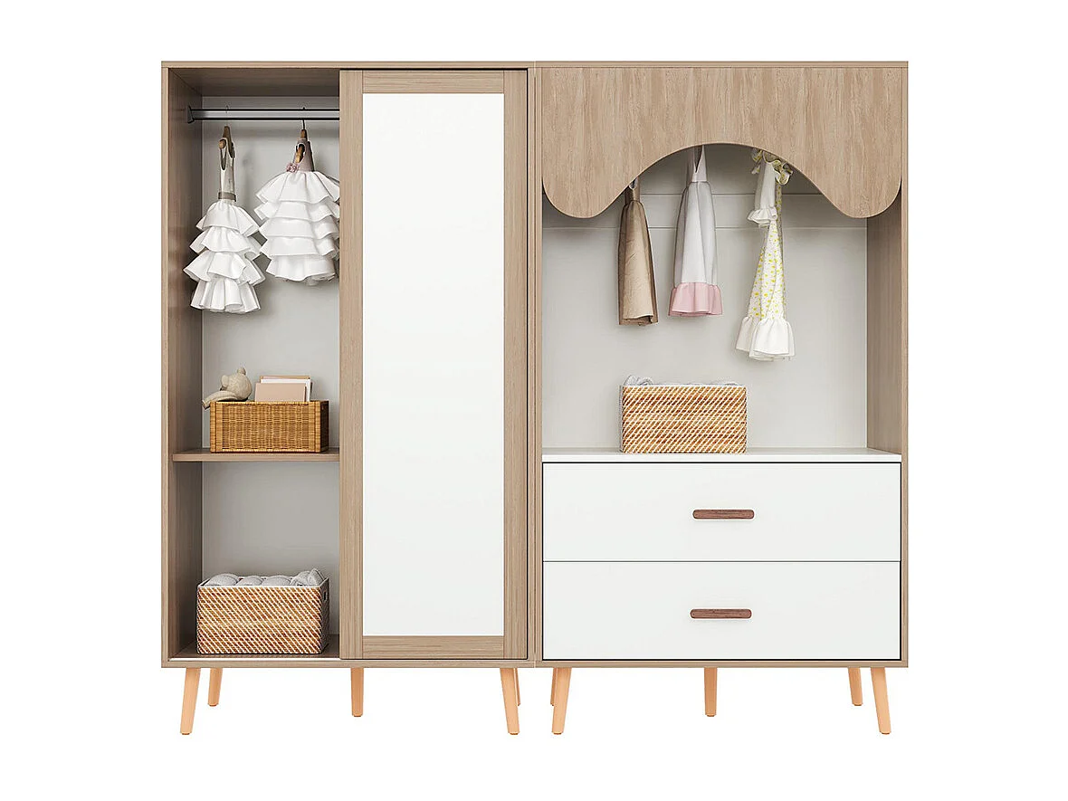 Armoire enfants portes coulissantes armoire ouverte ensemble combiné enfant blanc bois naturel