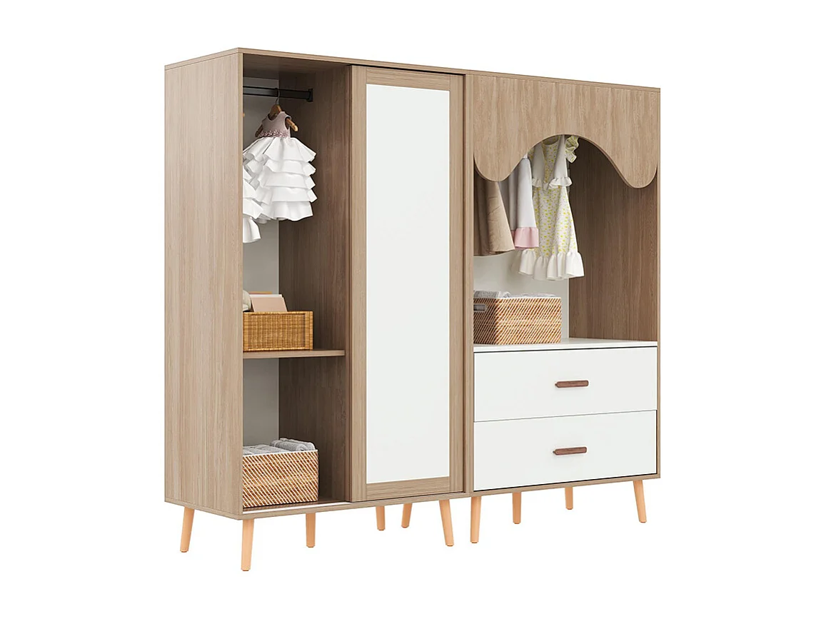 Armoire enfants portes coulissantes armoire ouverte ensemble combiné enfant blanc bois naturel