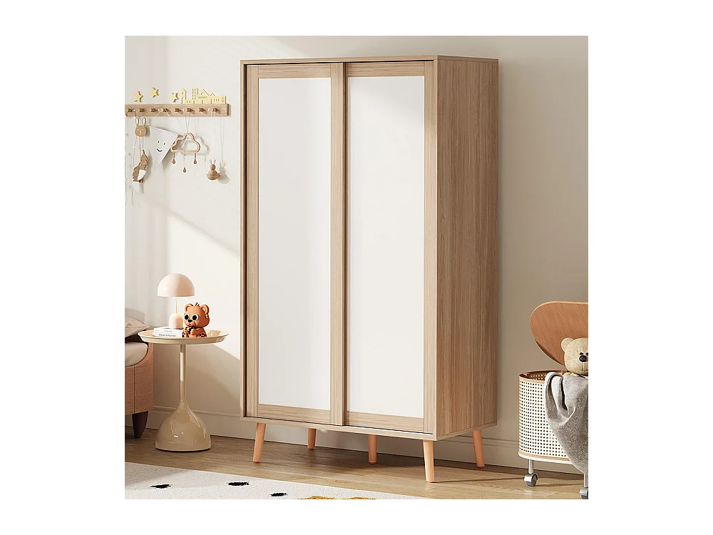 Armoire enfants portes coulissantes tringle vêtements aggloméré pieds bois massif blanc bois naturel