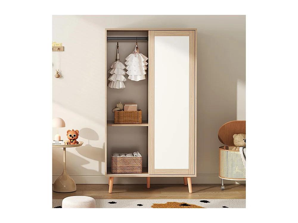 Armoire enfants portes coulissantes tringle vêtements aggloméré pieds bois massif blanc bois naturel