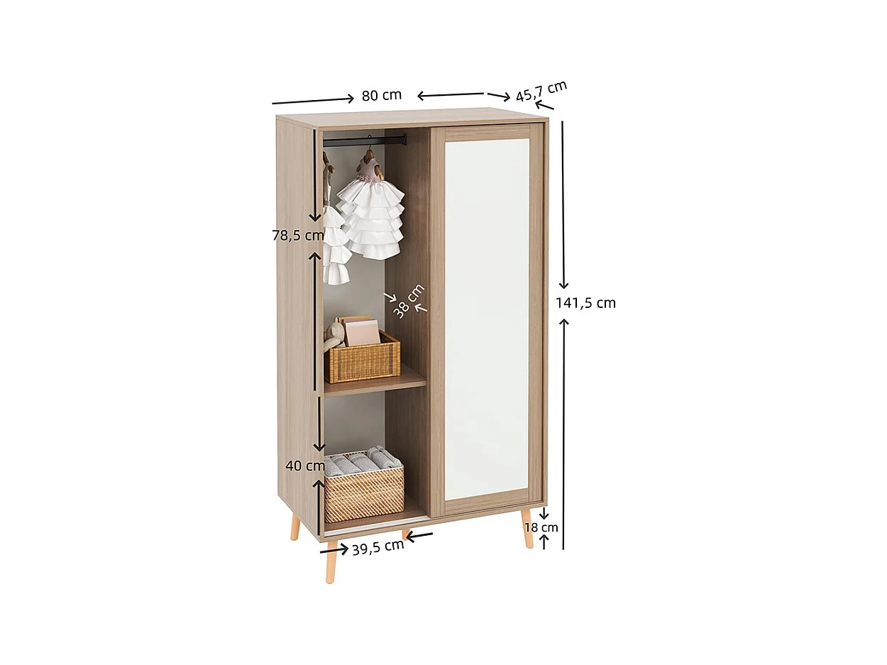 Armoire enfants portes coulissantes tringle vêtements aggloméré pieds bois massif blanc bois naturel