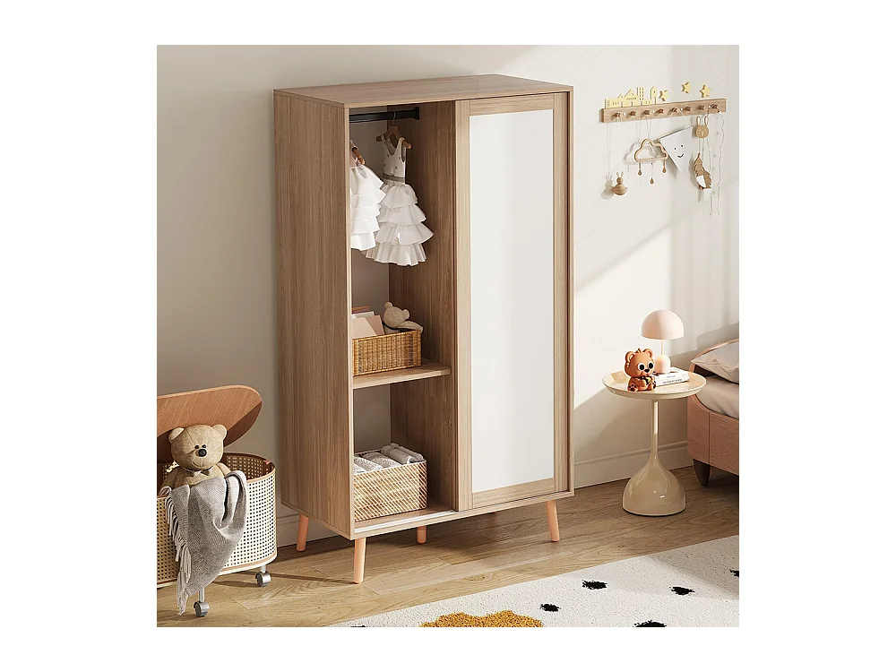 Armoire enfants portes coulissantes tringle vêtements aggloméré pieds bois massif blanc bois naturel