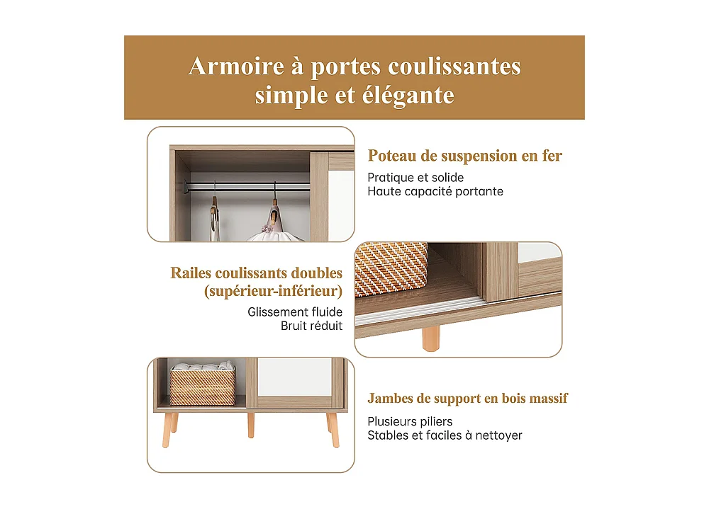 Armoire enfants portes coulissantes tringle vêtements aggloméré pieds bois massif blanc bois naturel