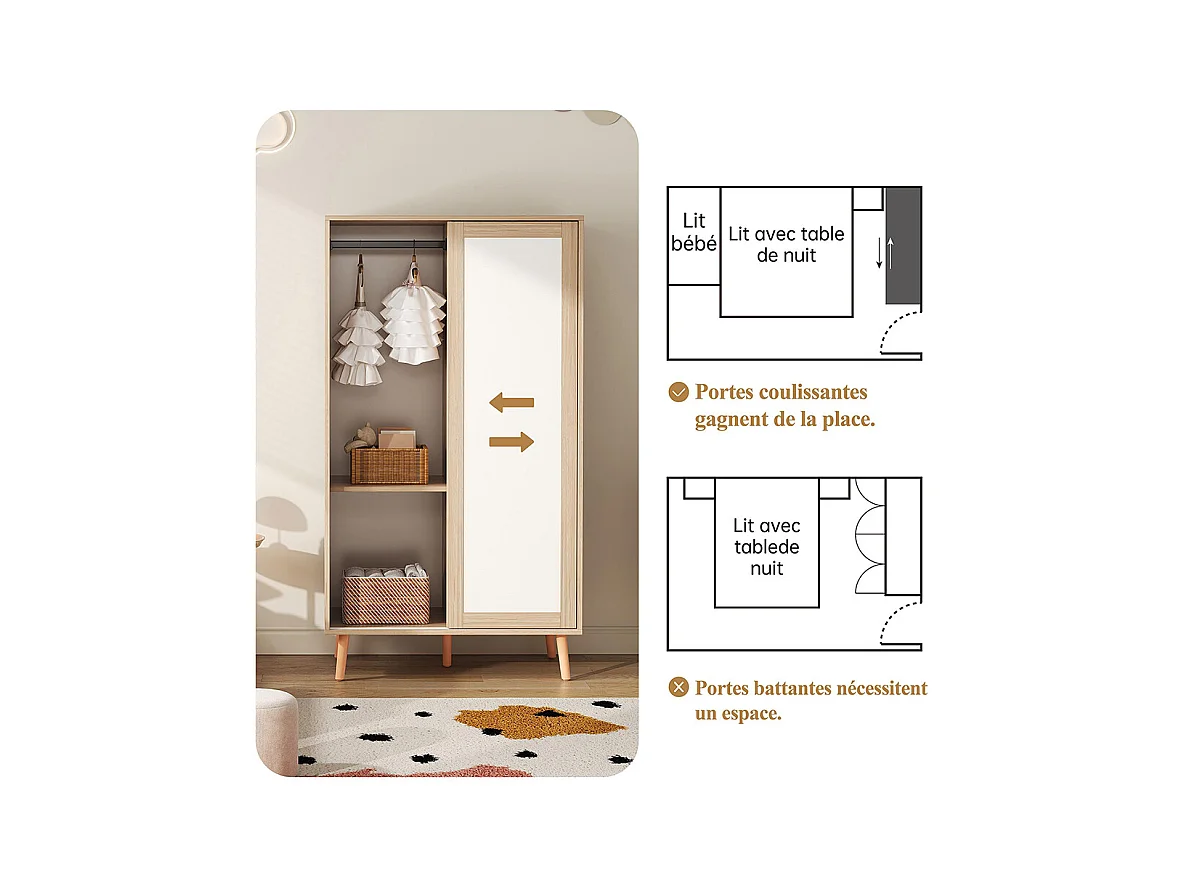 Armoire enfants portes coulissantes tringle vêtements aggloméré pieds bois massif blanc bois naturel