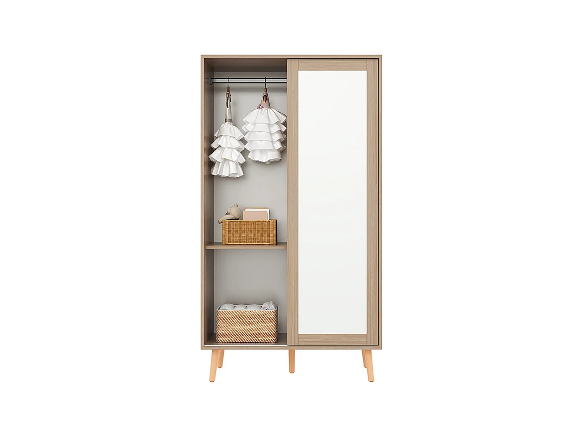 Armoire enfants portes coulissantes tringle vêtements aggloméré pieds bois massif blanc bois naturel