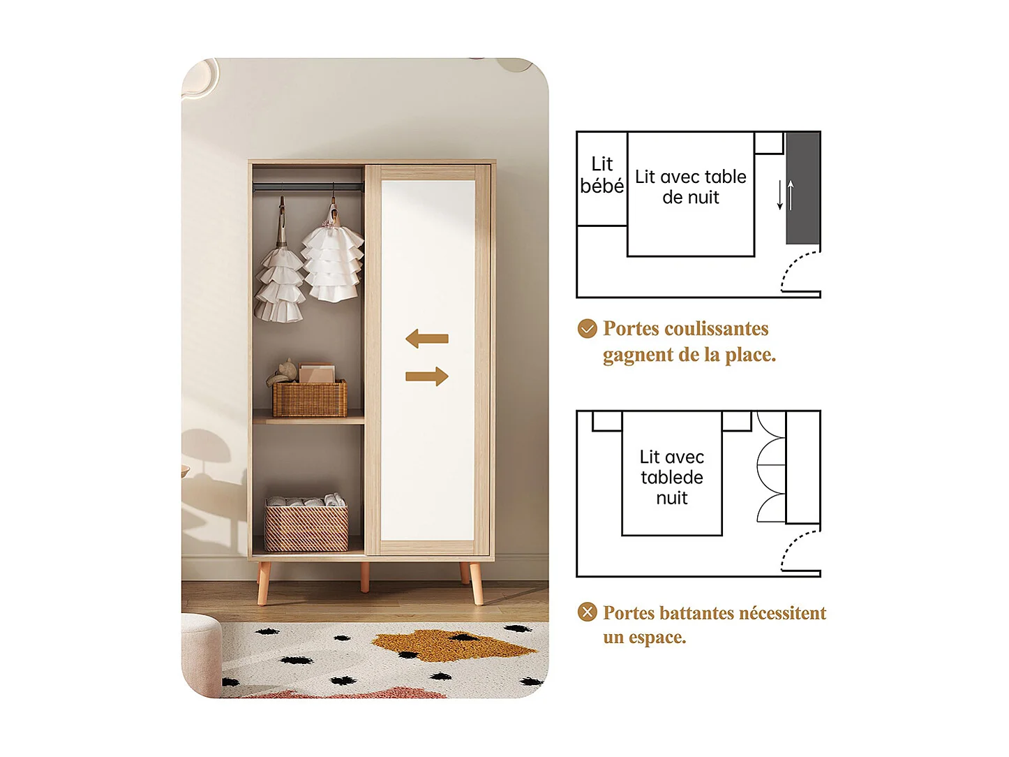 Armoire enfants portes coulissantes tringle vêtements aggloméré pieds bois massif blanc bois naturel
