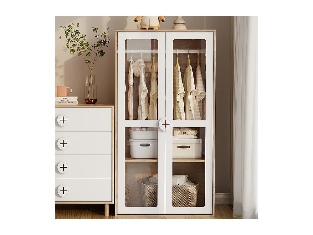 Armoire enfants 2 portes vitrées tringle étagères coulissantes poignées bois biscuit blanc panneaux laqués