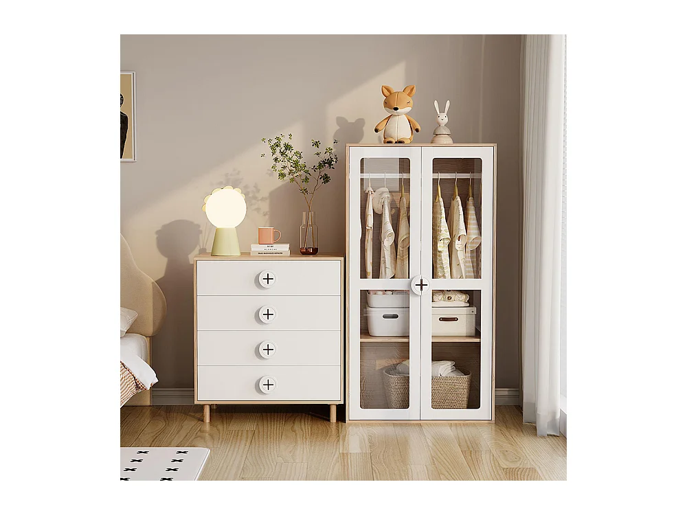 Armoire enfants 2 portes vitrées tringle étagères coulissantes poignées bois biscuit blanc panneaux laqués