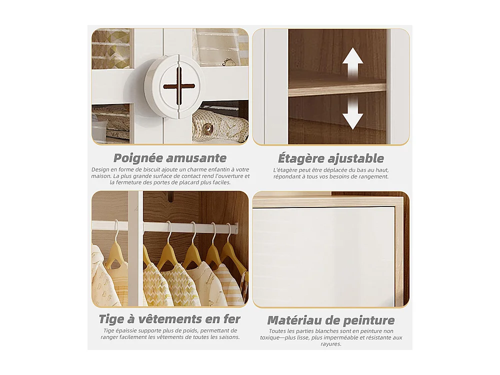 Armoire enfants 2 portes vitrées tringle étagères coulissantes poignées bois biscuit blanc panneaux laqués