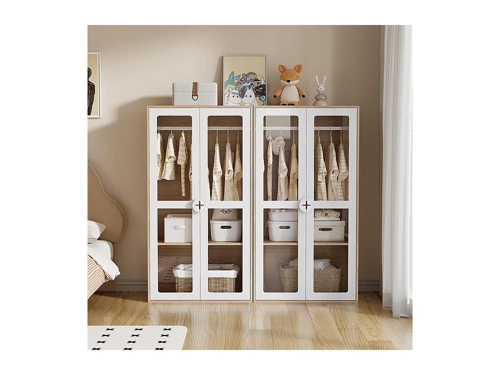 Armoire enfants 2 portes vitrées tringle étagères coulissantes poignées bois biscuit blanc panneaux laqués