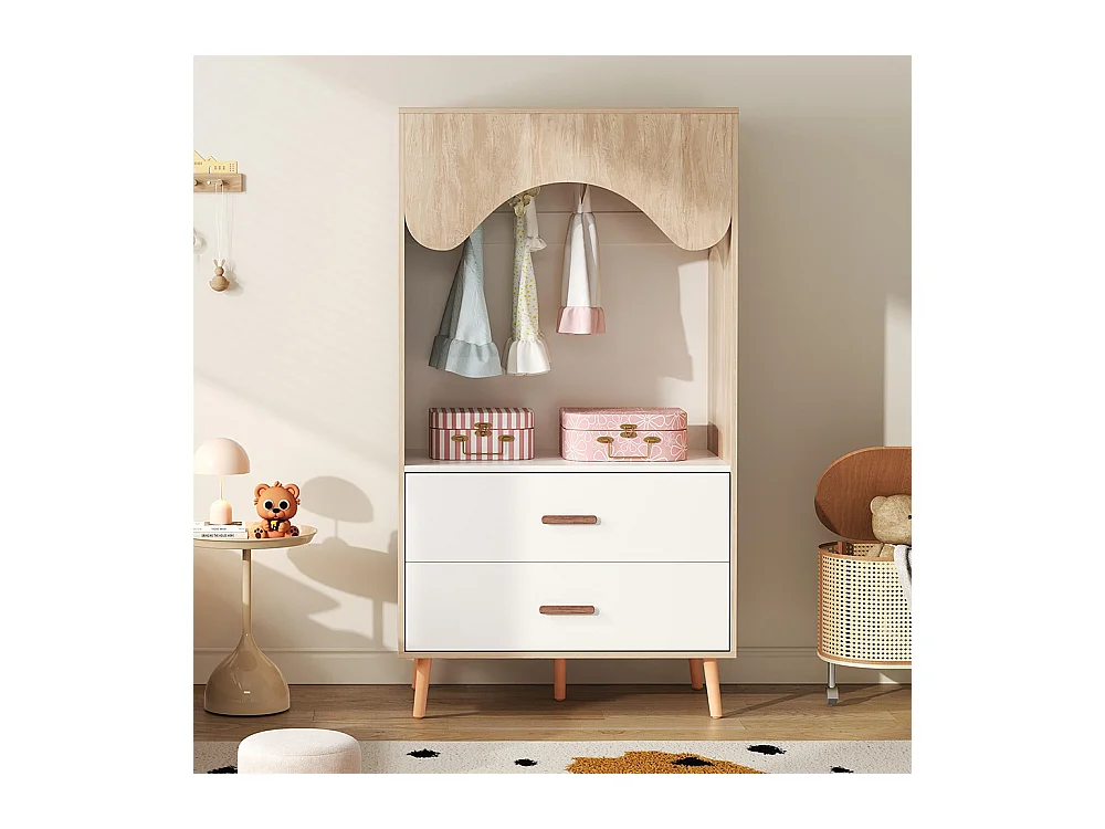 Armoire enfants tringle vêtements tiroirs armoire ouverte poignées bois aggloméré blanc bois naturel