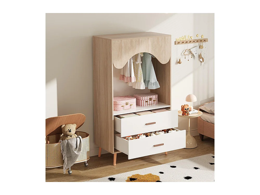 Armoire enfants tringle vêtements tiroirs armoire ouverte poignées bois aggloméré blanc bois naturel