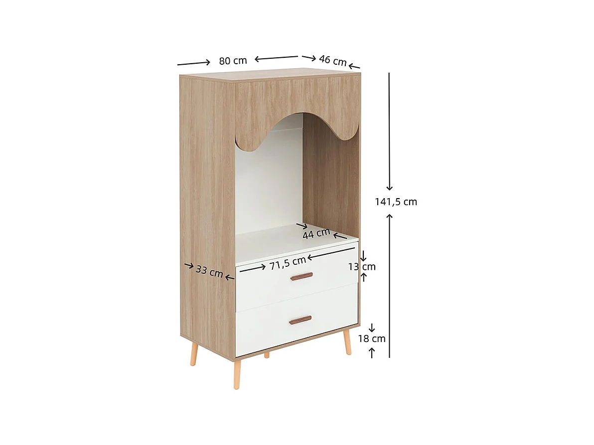 Armoire enfants tringle vêtements tiroirs armoire ouverte poignées bois aggloméré blanc bois naturel