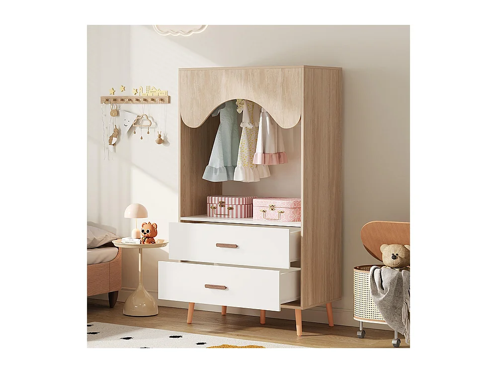 Armoire enfants tringle vêtements tiroirs armoire ouverte poignées bois aggloméré blanc bois naturel