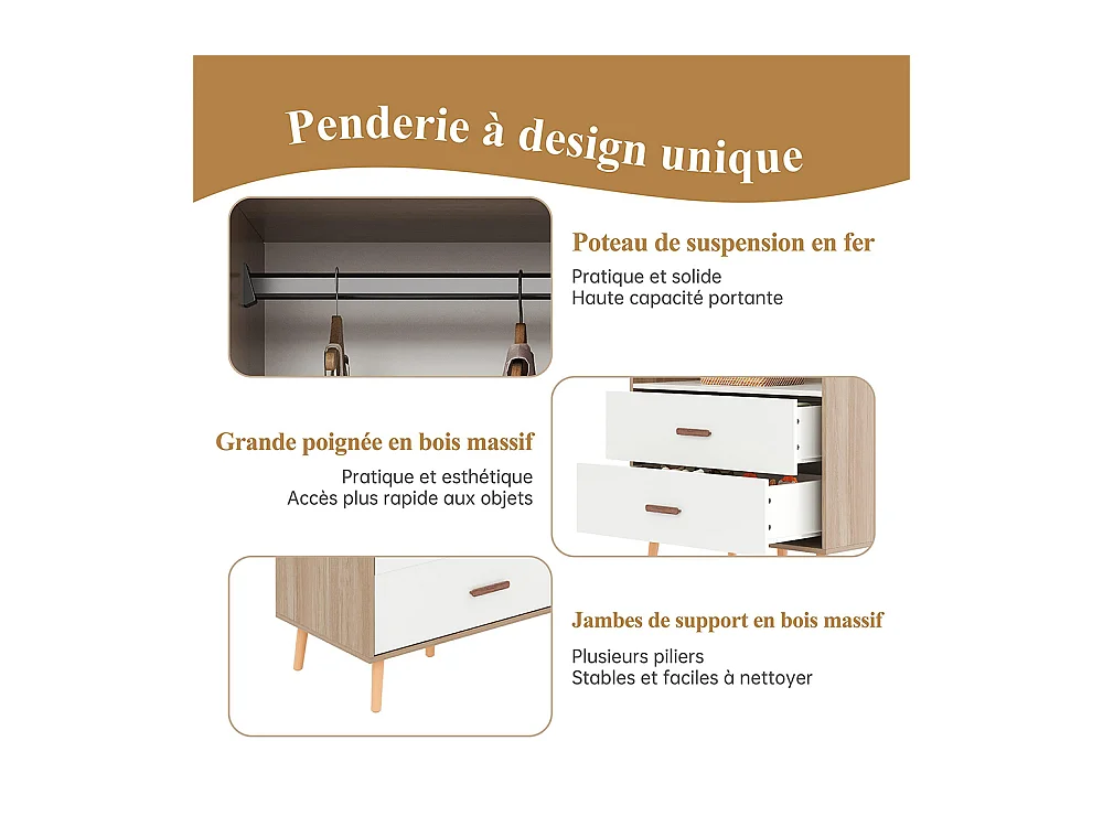 Armoire enfants tringle vêtements tiroirs armoire ouverte poignées bois aggloméré blanc bois naturel