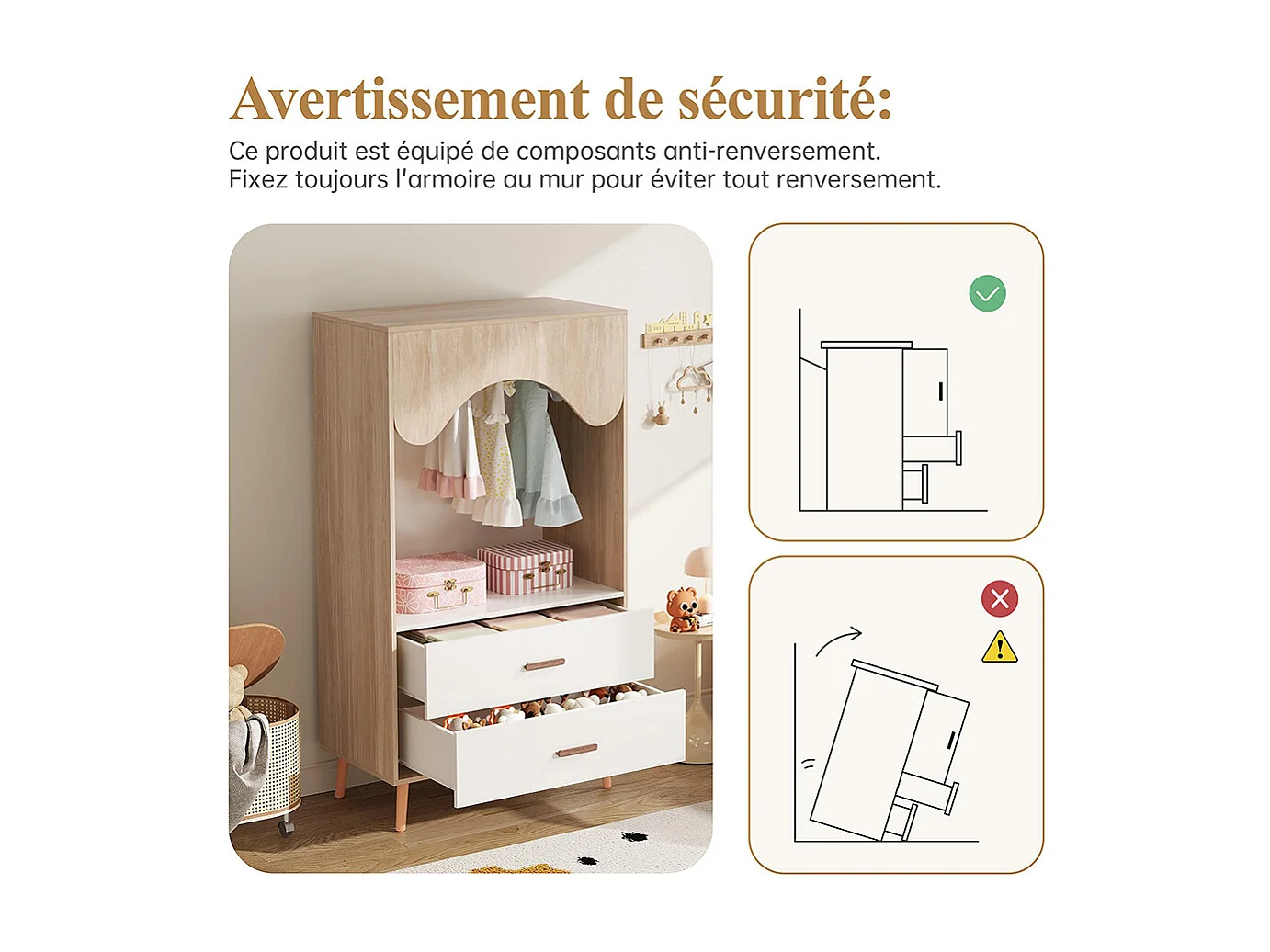 Armoire enfants tringle vêtements tiroirs armoire ouverte poignées bois aggloméré blanc bois naturel