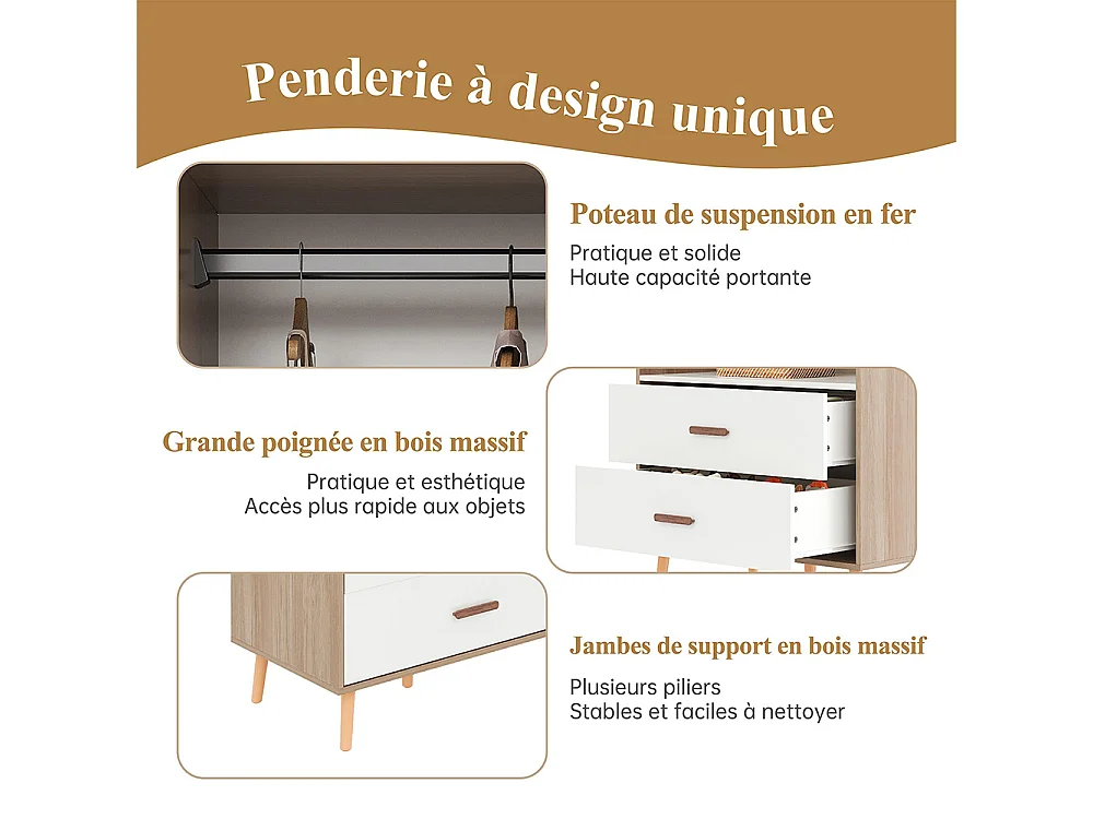 Armoire enfants tringle vêtements tiroirs armoire ouverte poignées bois aggloméré blanc bois naturel