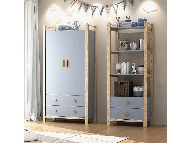 Armoire double porte battante combinée armoire étagère ensemble enfant tringle tiroirs épicéa bleu bois naturel