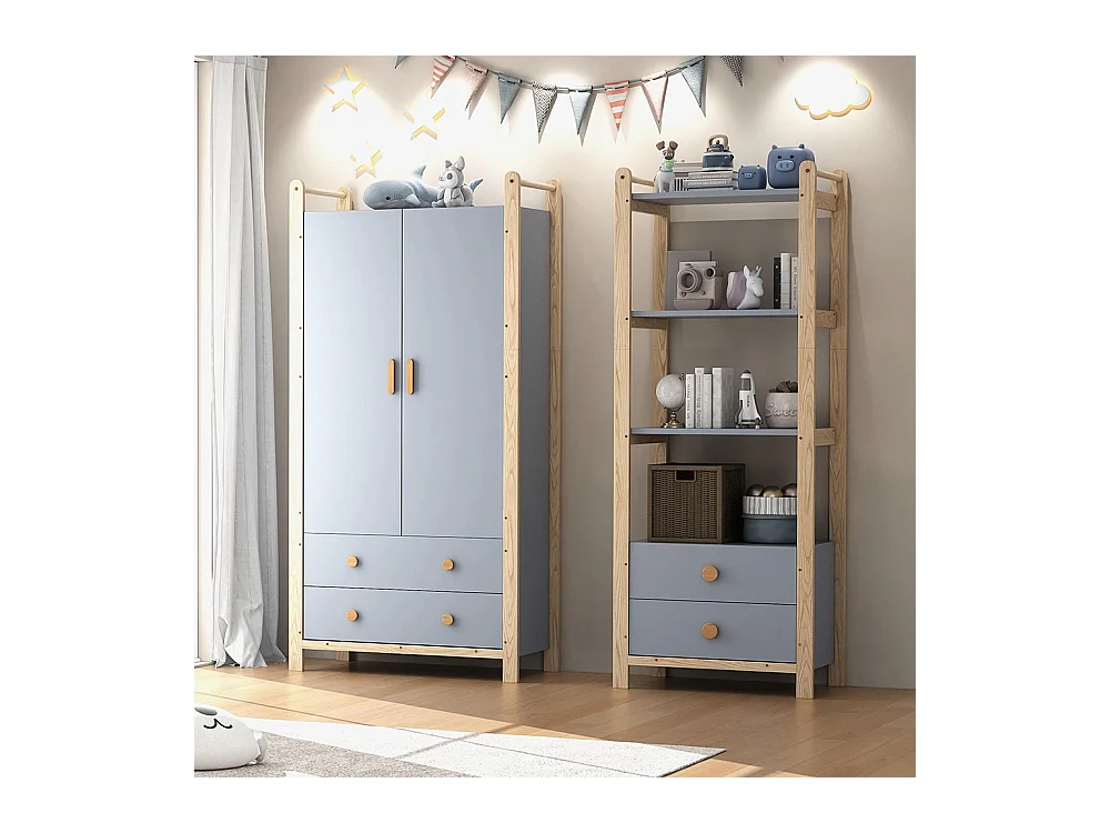 Armoire double porte battante combinée armoire étagère ensemble enfant tringle tiroirs épicéa bleu bois naturel