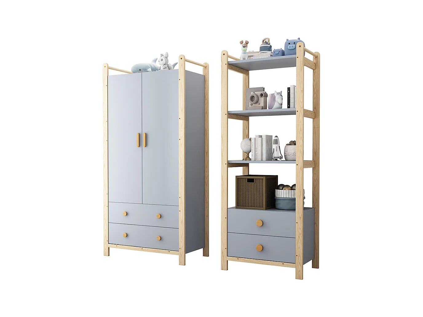Armoire double porte battante combinée armoire étagère ensemble enfant tringle tiroirs épicéa bleu bois naturel