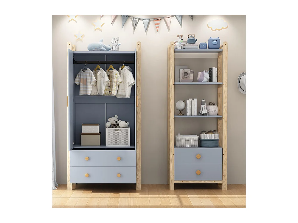 Armoire double porte battante combinée armoire étagère ensemble enfant tringle tiroirs épicéa bleu bois naturel