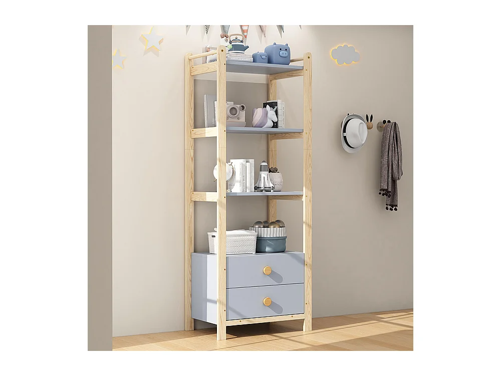 Armoire double porte battante combinée armoire étagère ensemble enfant tringle tiroirs épicéa bleu bois naturel