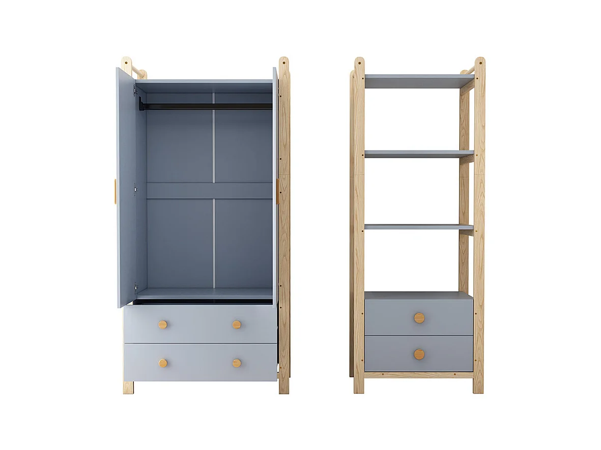 Armoire double porte battante combinée armoire étagère ensemble enfant tringle tiroirs épicéa bleu bois naturel
