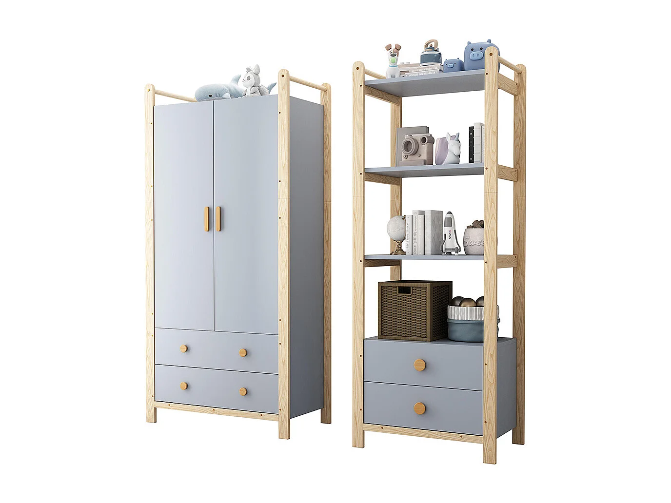 Armoire double porte battante combinée armoire étagère ensemble enfant tringle tiroirs épicéa bleu bois naturel
