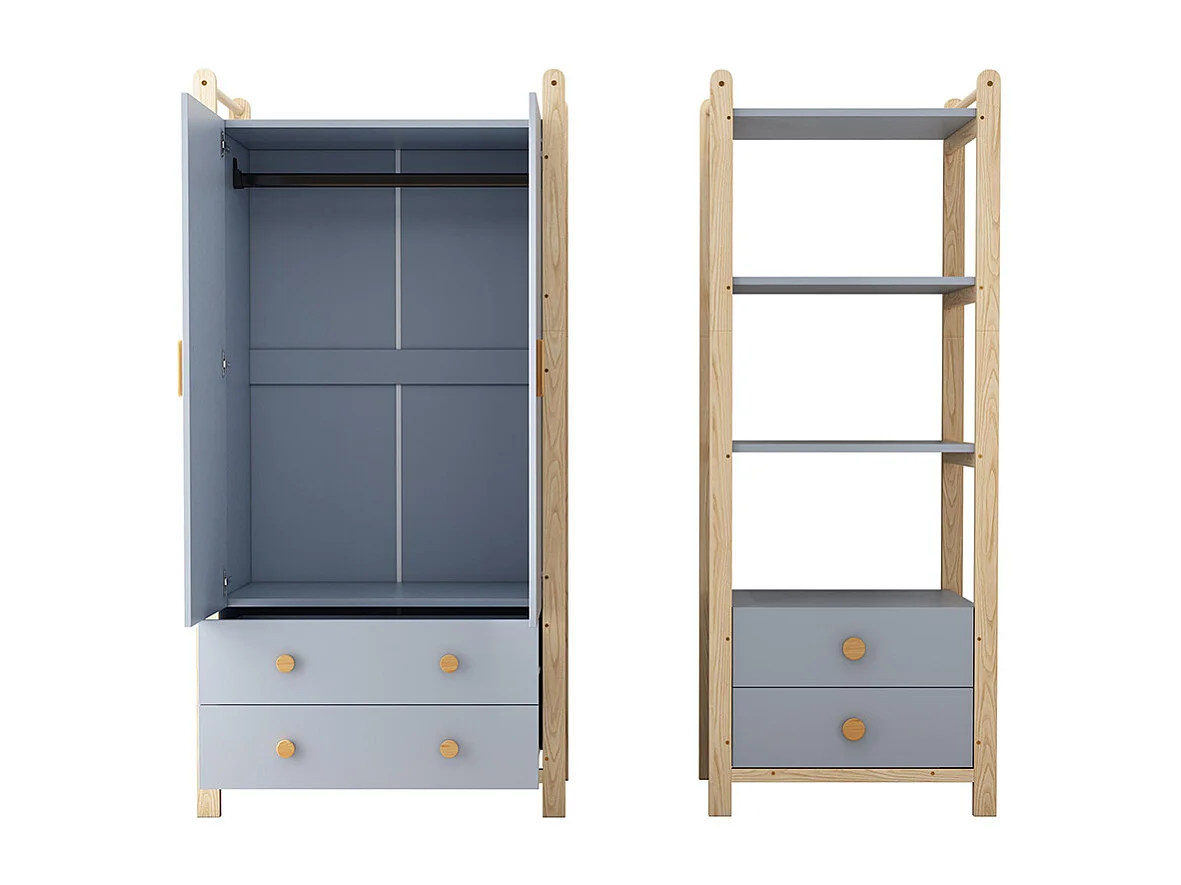 Armoire double porte battante combinée armoire étagère ensemble enfant tringle tiroirs épicéa bleu bois naturel